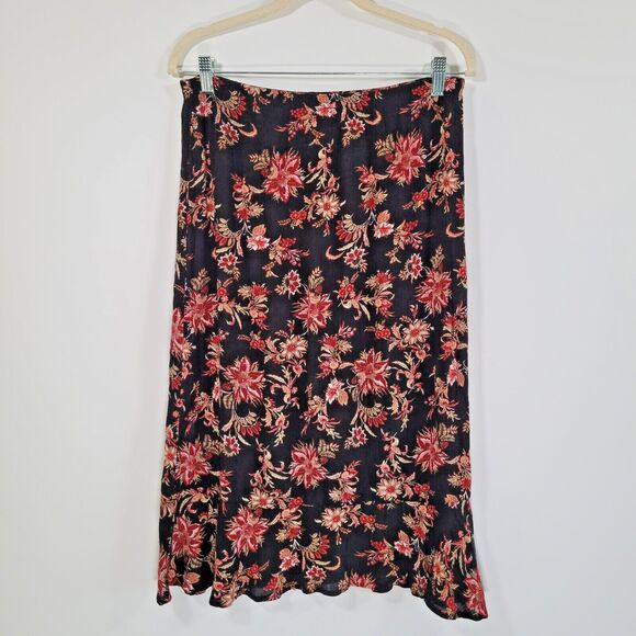 Vintage KATHIE LEE Dark Floral Print Midi Skirt Size S Ruffle Hem Crepe Rayon - Picture 1 of 9